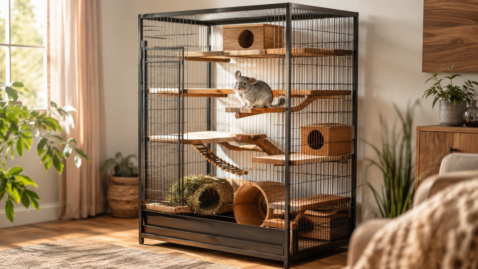 A tall multi-level chinchilla enclosure with wooden ledges