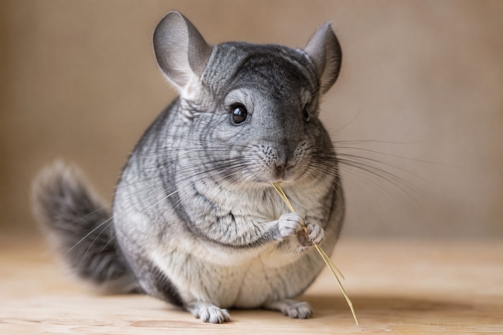 A healthy grey chinchilla being cared for