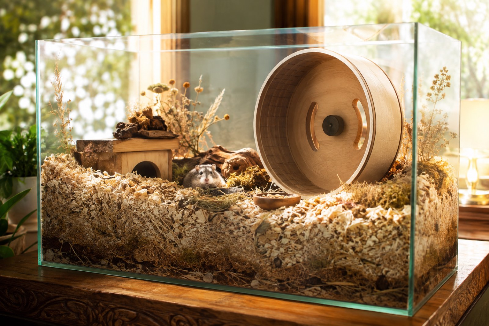 A large hamster enclosure with deep bedding for burrowing