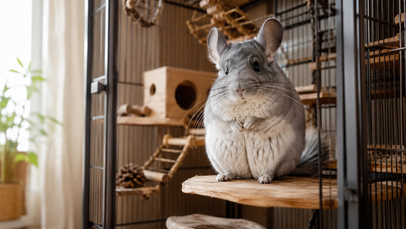 A chinchilla on a wooden ledge inside a tall multi-level home enclosure