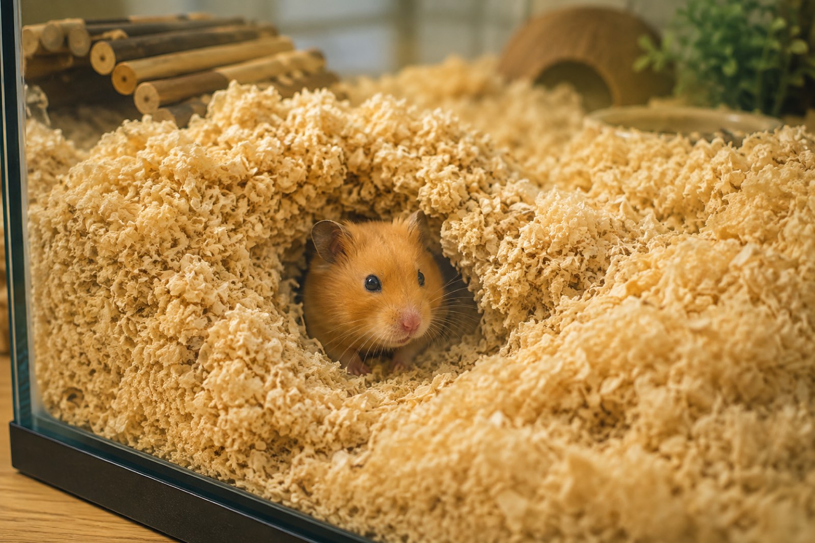 A golden Syrian hamster mid-burrow in deep bedding